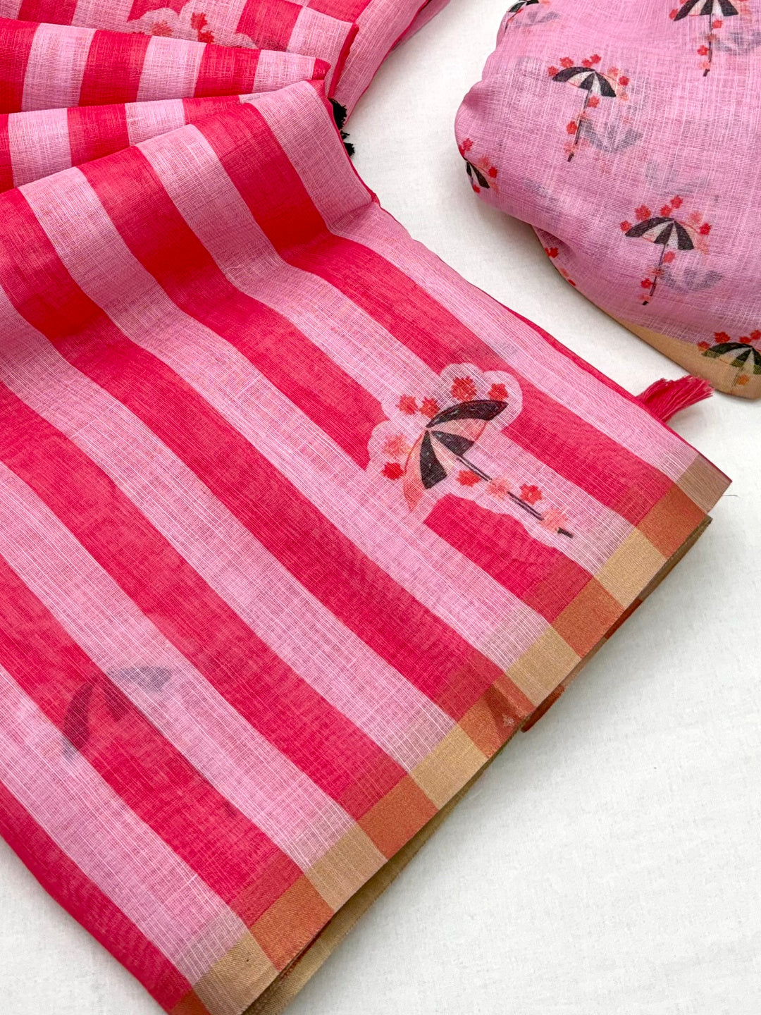 Peachmode Pink Linen Striped Saree - Image 4
