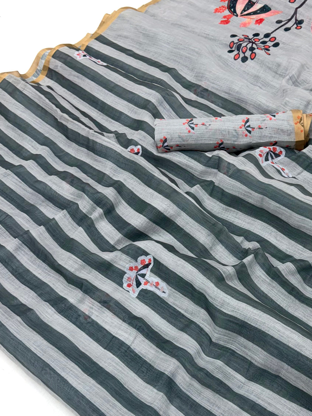 Peachmode Grey Linen Striped Saree - Image 3