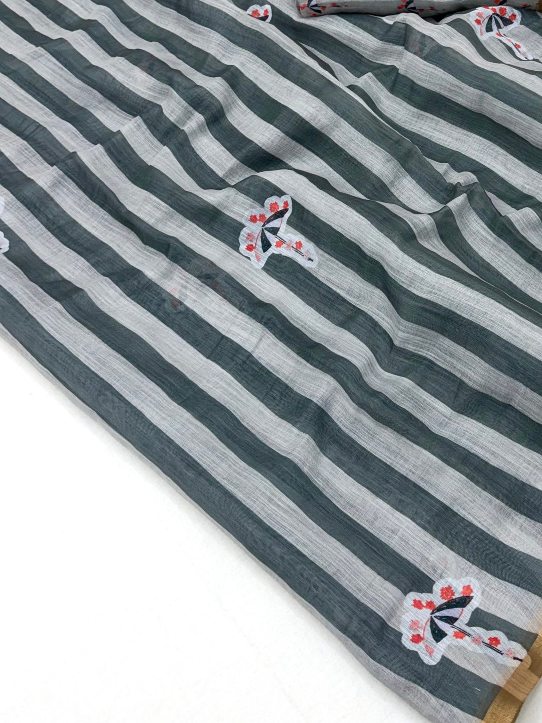 Peachmode Grey Linen Striped Saree - Image 5