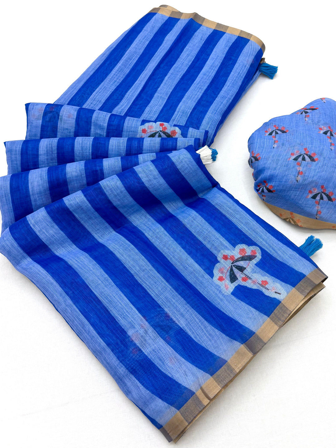 Peachmode Blue Linen Striped Saree - Image 2