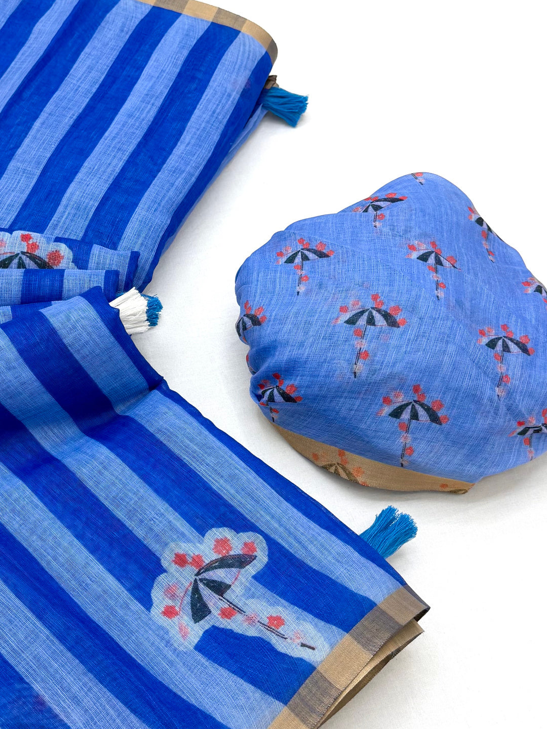 Peachmode Blue Linen Striped Saree - Image 6