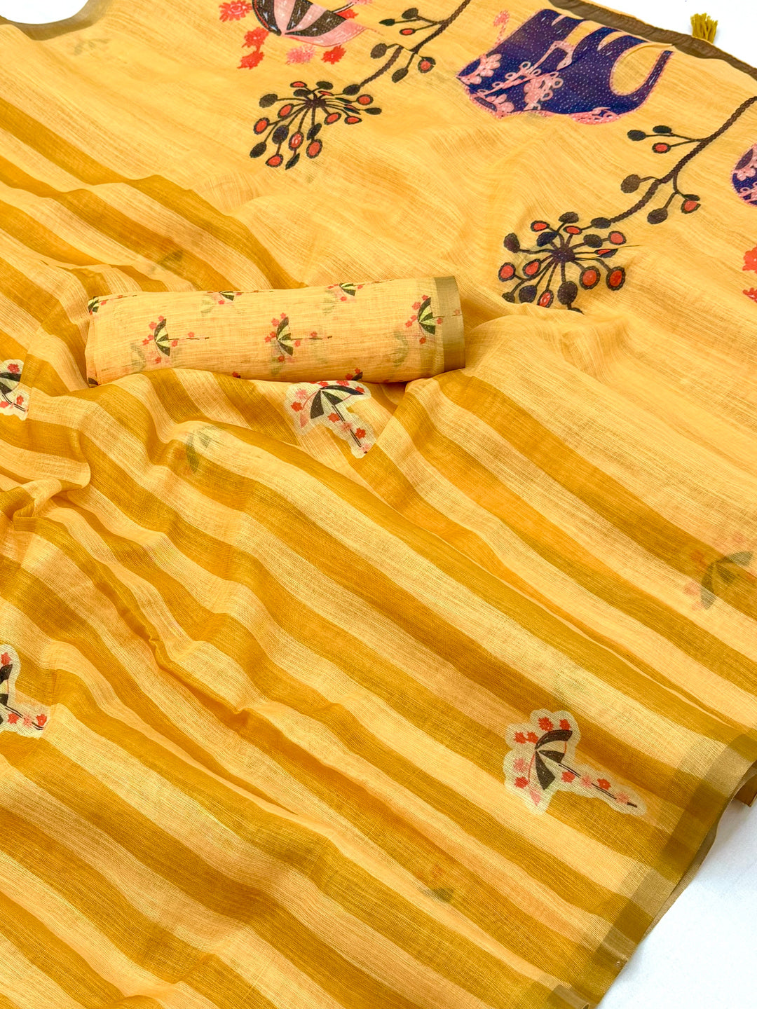 Peachmode Yellow Linen Striped Saree - Image 3