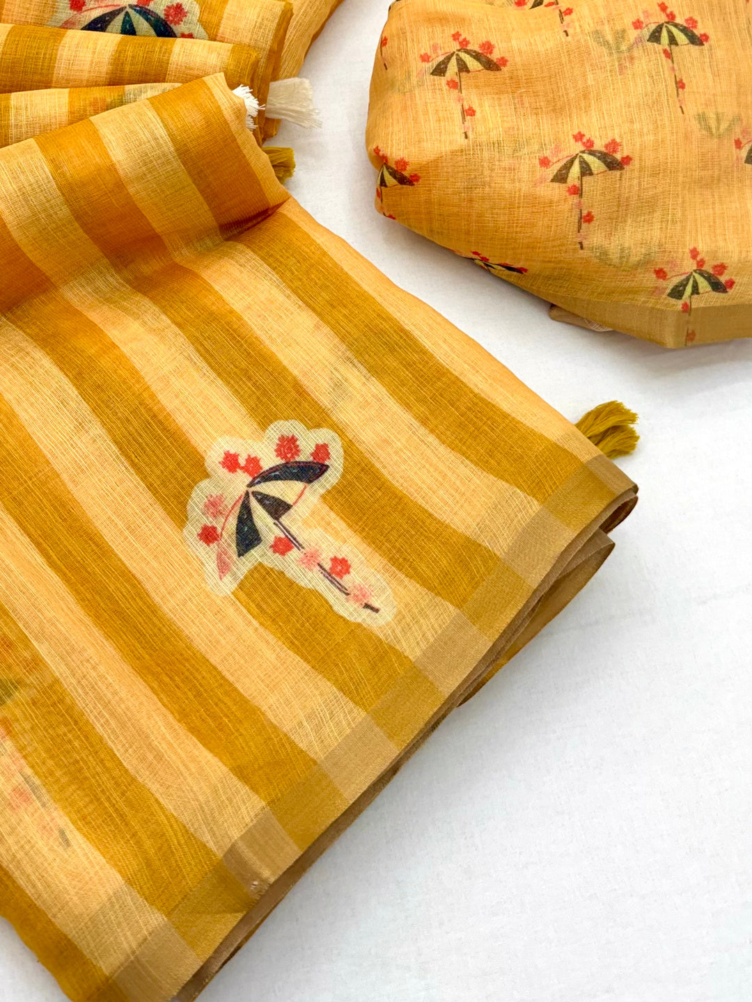 Peachmode Yellow Linen Striped Saree - Image 4