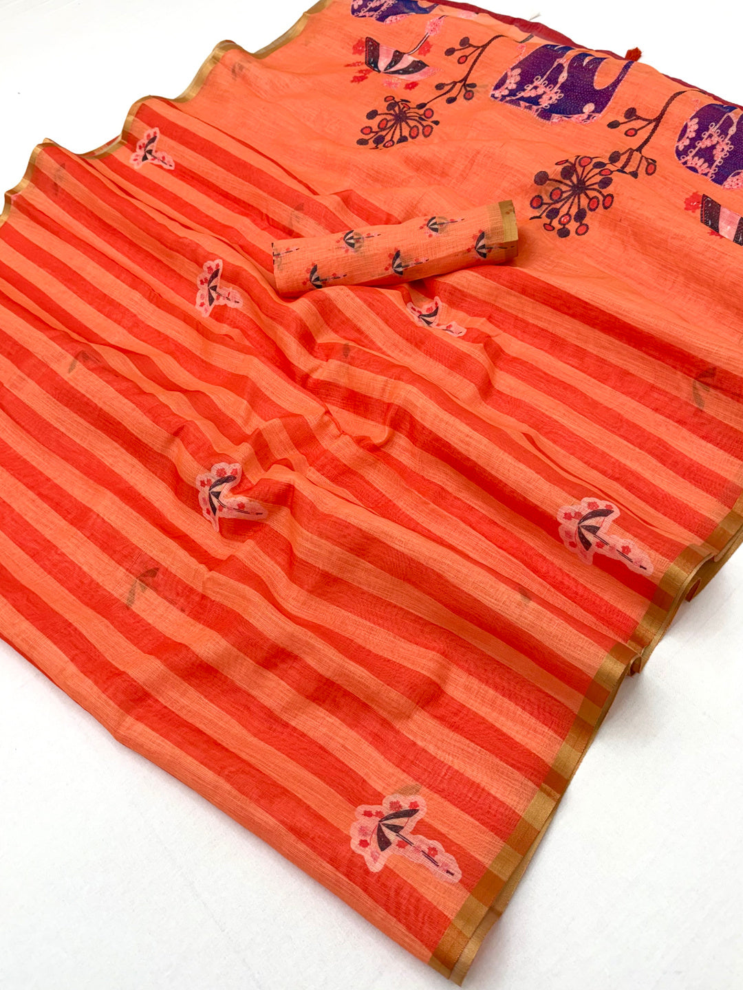 Peachmode Orange Linen Striped Saree - Image 1