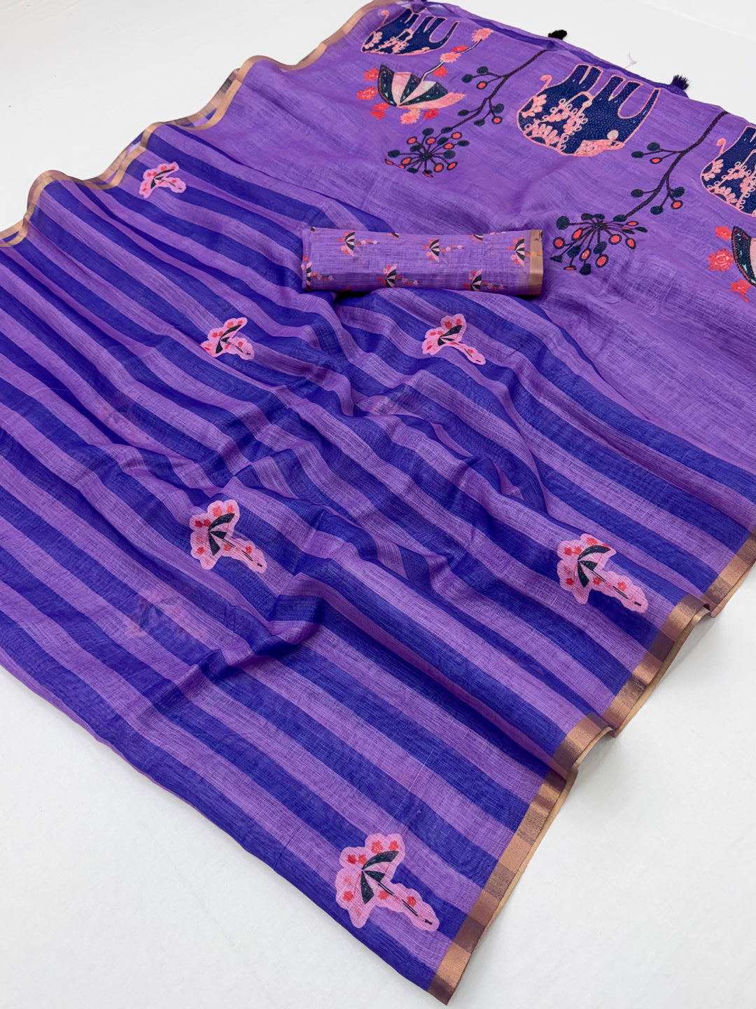 Peachmode Purple Linen Striped Saree - Image 1