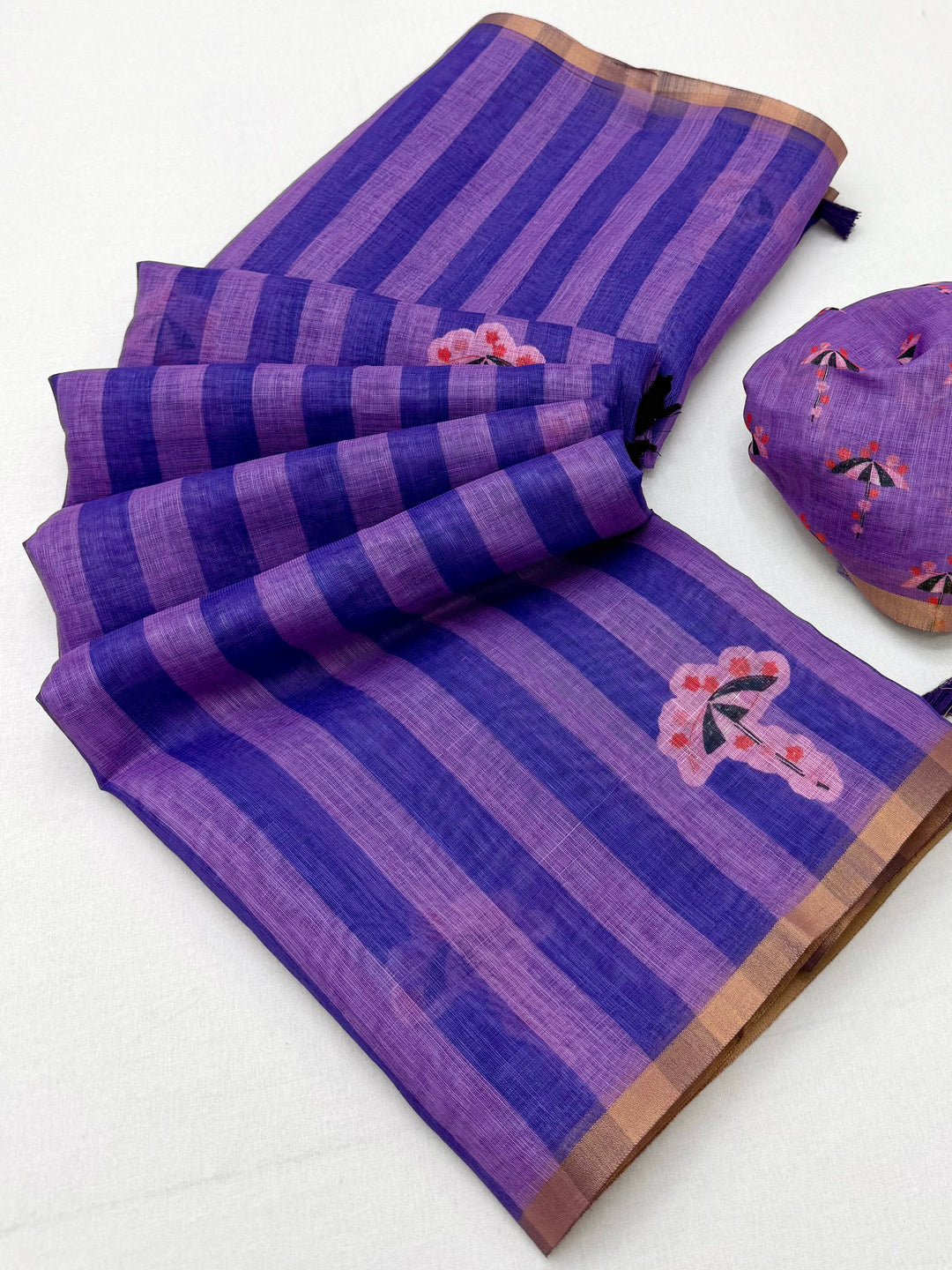 Peachmode Purple Linen Striped Saree - Image 2