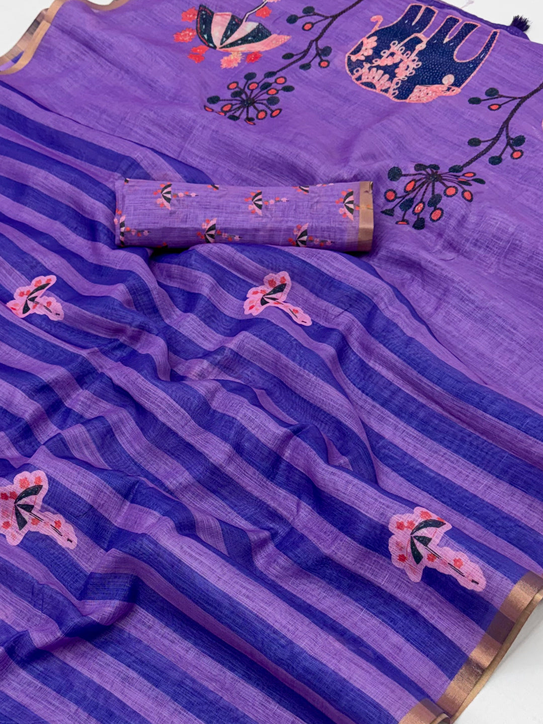 Peachmode Purple Linen Striped Saree - Image 3