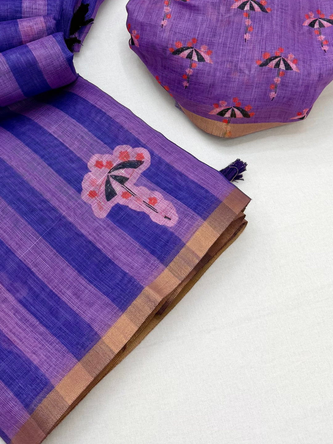 Peachmode Purple Linen Striped Saree - Image 4