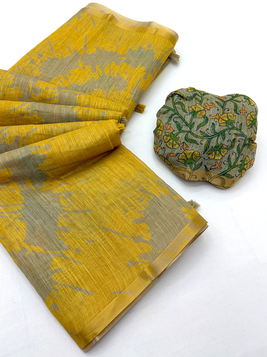 Peachmode Mustard Linen Tie-Dye Printed Saree - Image 2