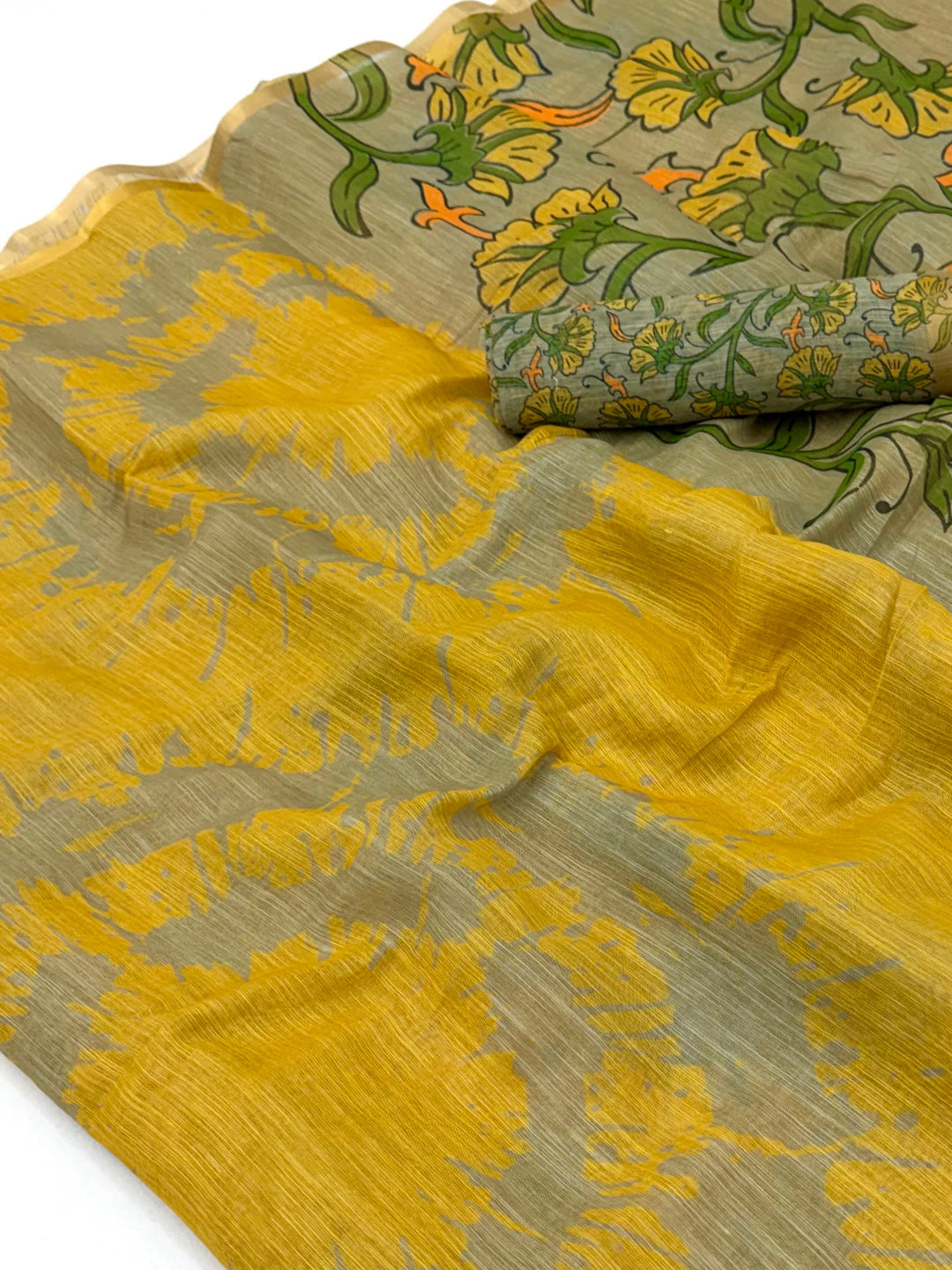 Peachmode Mustard Linen Tie-Dye Printed Saree - Image 3