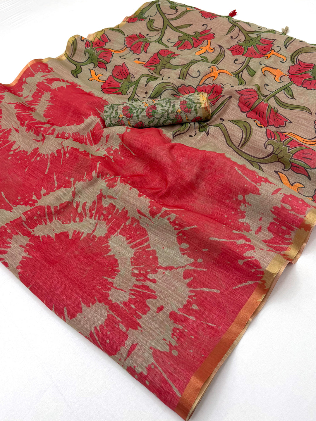 Peachmode Coral Linen Tie-Dye Printed Saree - Image 1