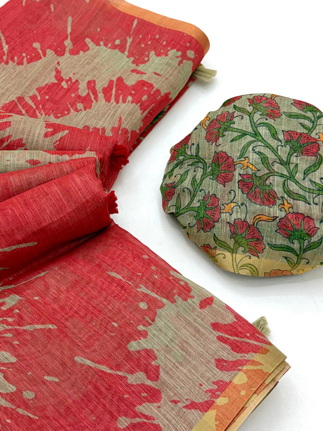 Peachmode Coral Linen Tie-Dye Printed Saree - Image 6