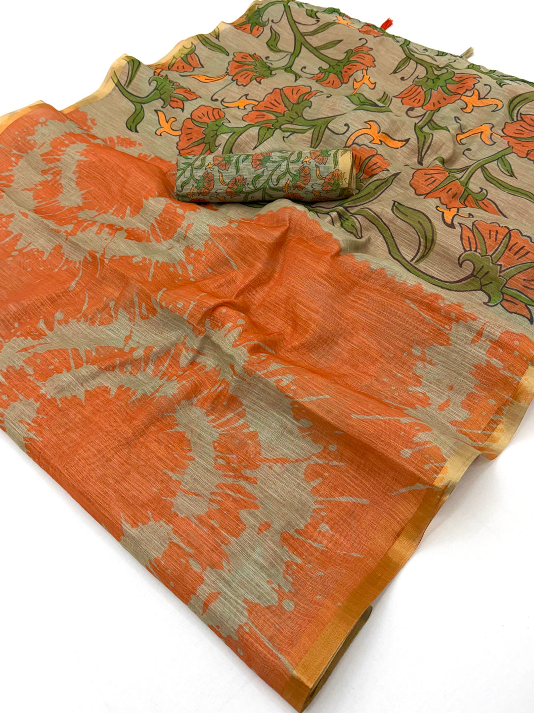 Peachmode Orange Linen Tie-Dye Printed Saree - Image 1