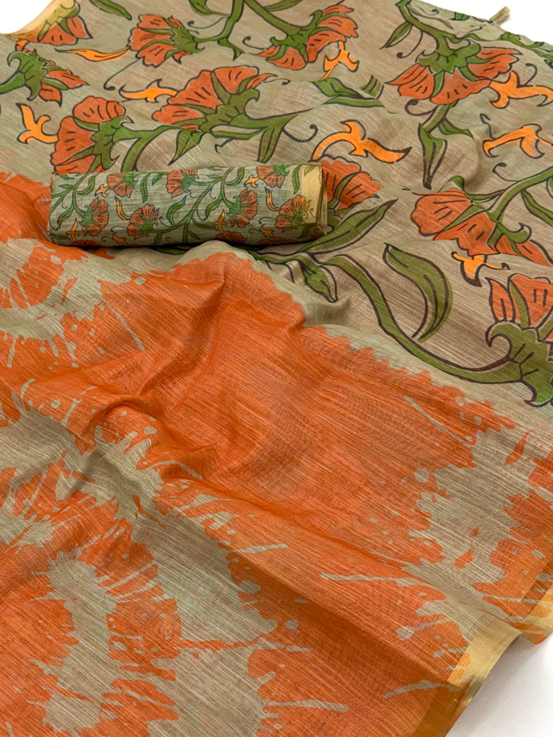 Peachmode Orange Linen Tie-Dye Printed Saree - Image 3