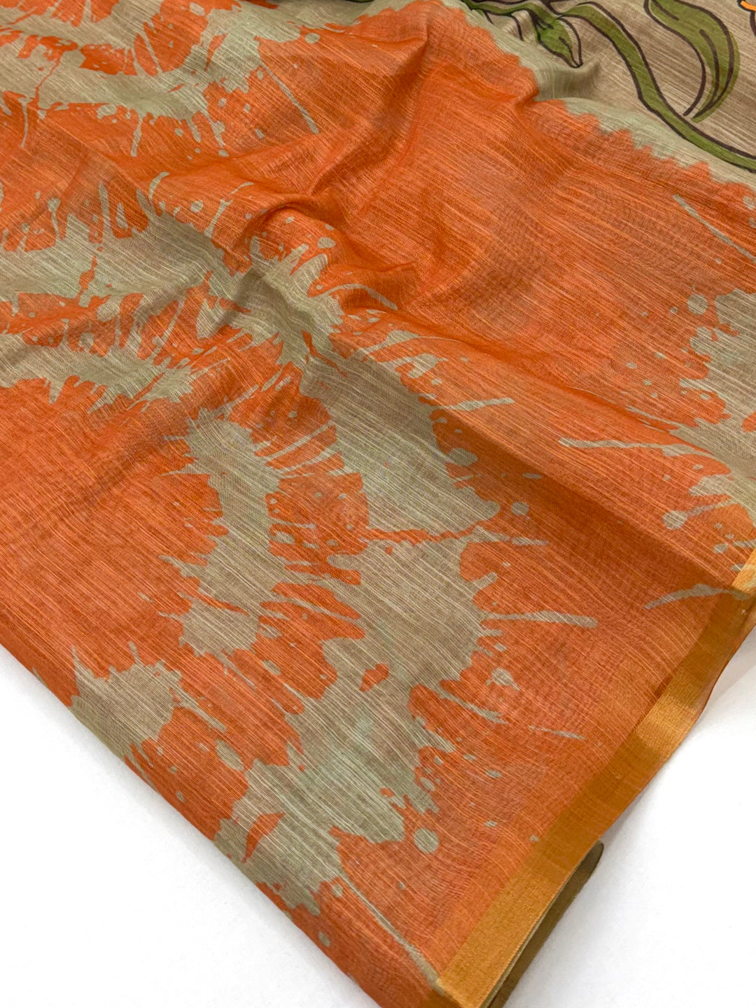 Peachmode Orange Linen Tie-Dye Printed Saree - Image 5