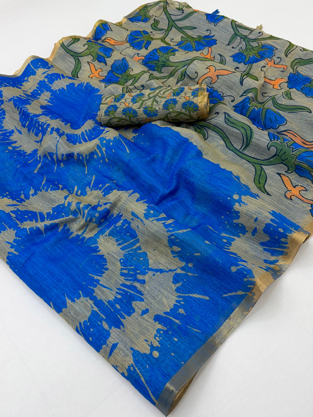 Peachmode Blue Linen Tie-Dye Printed Saree - Image 1