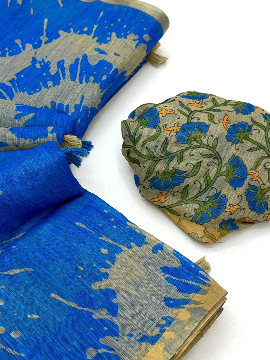 Peachmode Blue Linen Tie-Dye Printed Saree - Image 6