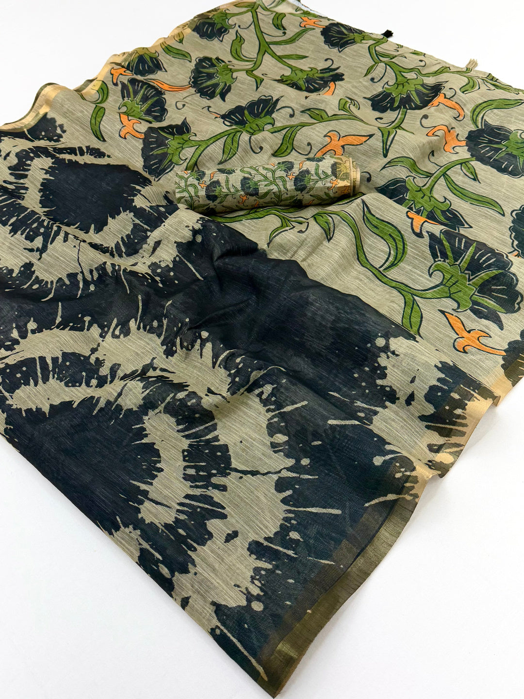 Peachmode Black Linen Tie-Dye Printed Saree - Image 1