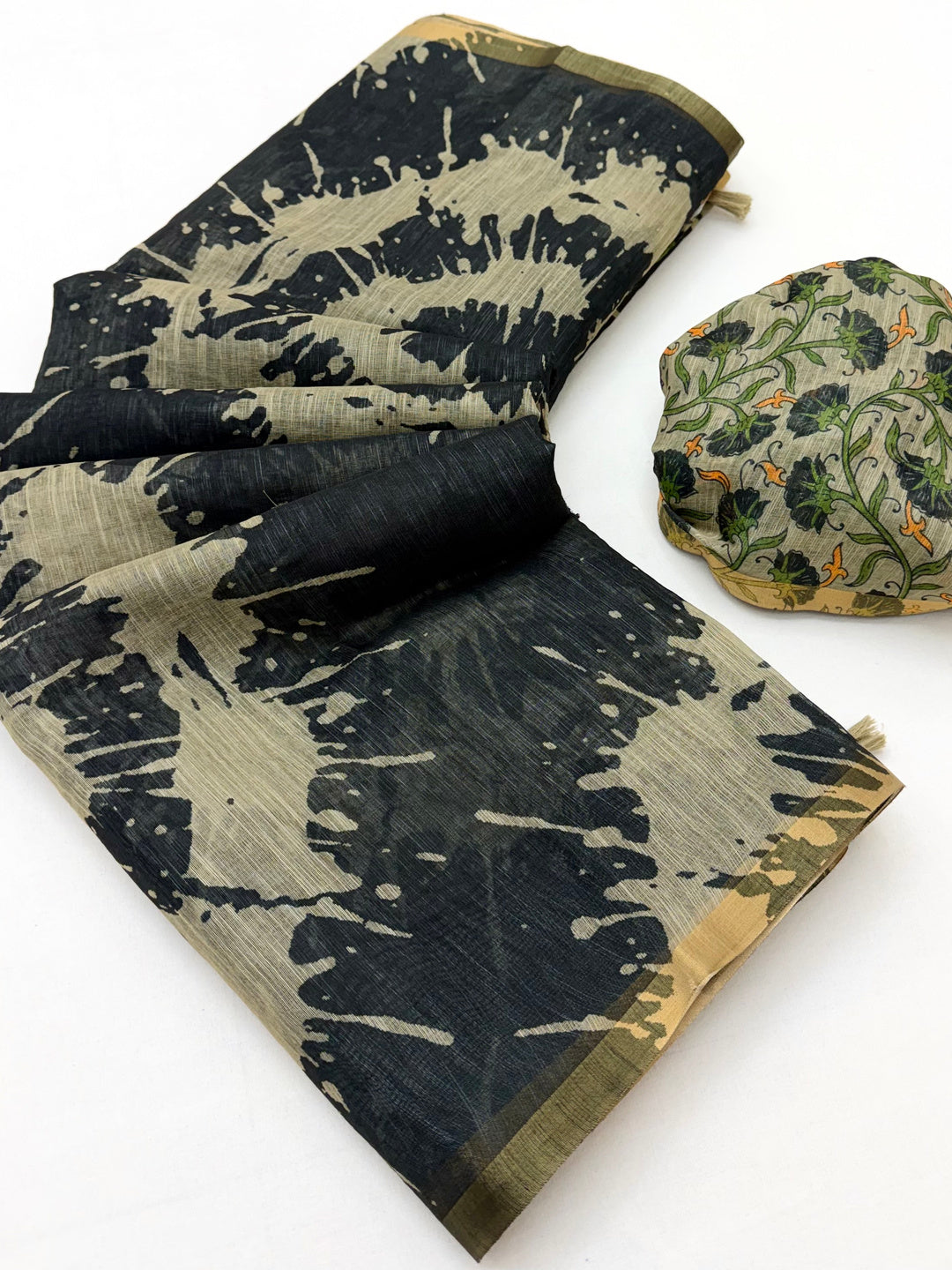 Peachmode Black Linen Tie-Dye Printed Saree - Image 2