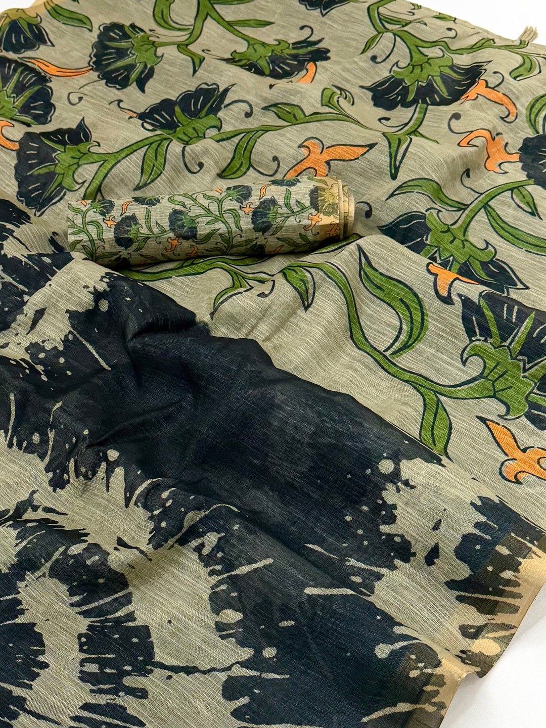 Peachmode Black Linen Tie-Dye Printed Saree - Image 3