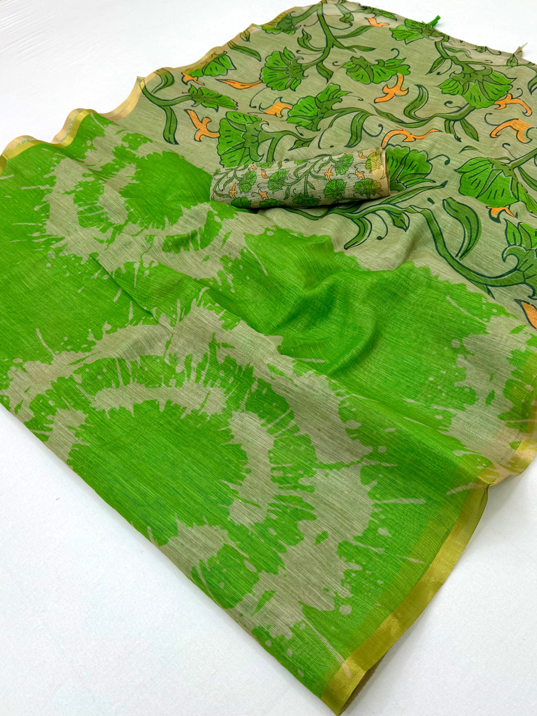 Peachmode Green Linen Tie-Dye Printed Saree - Image 1