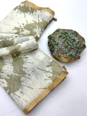 Peachmode White Linen Tie-Dye Printed Saree - Image 2