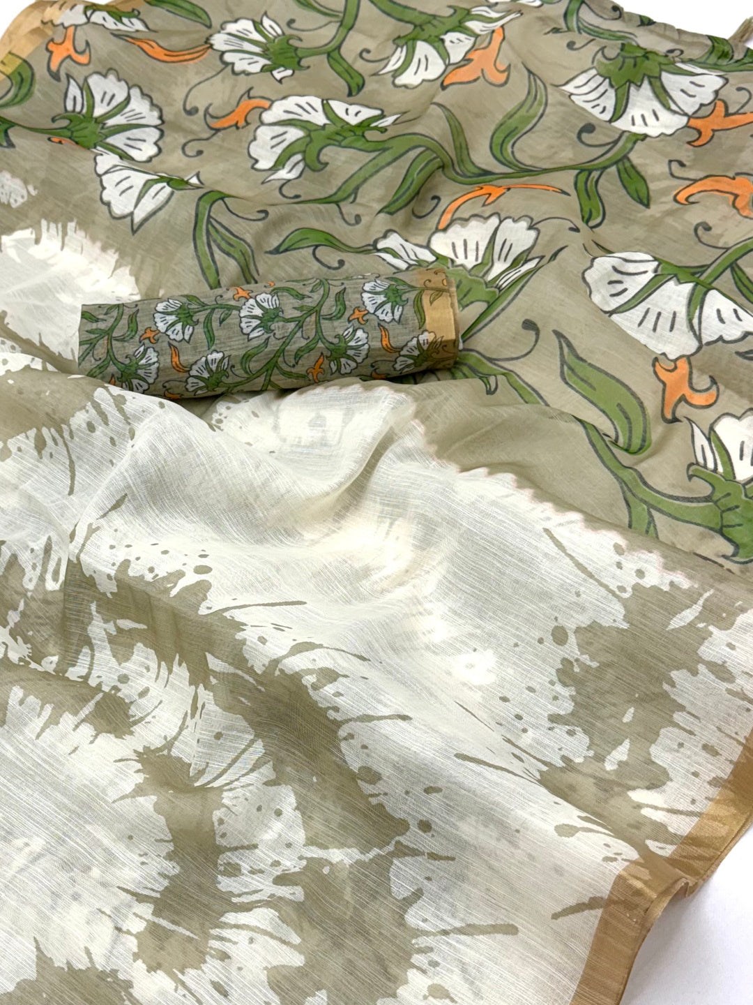 Peachmode White Linen Tie-Dye Printed Saree - Image 3