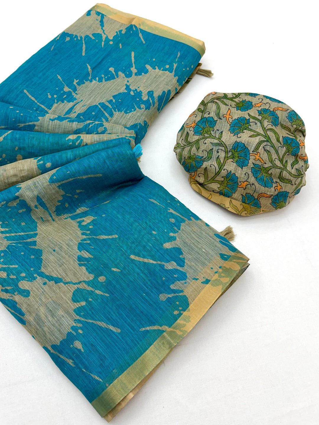 Peachmode Turquoise Linen Tie-Dye Printed Saree - Image 2