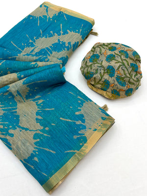 Peachmode Turquoise Linen Tie-Dye Printed Saree - Image 2