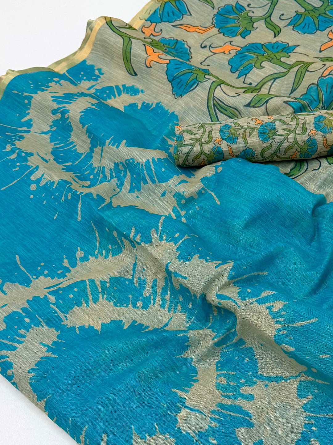 Peachmode Turquoise Linen Tie-Dye Printed Saree - Image 3
