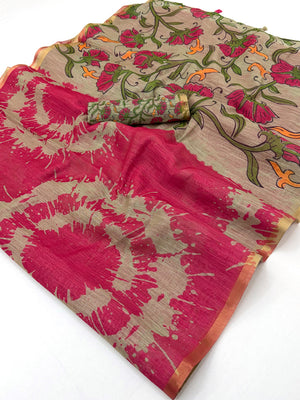 Peachmode Rani Linen Tie-Dye Printed Saree - Image 1