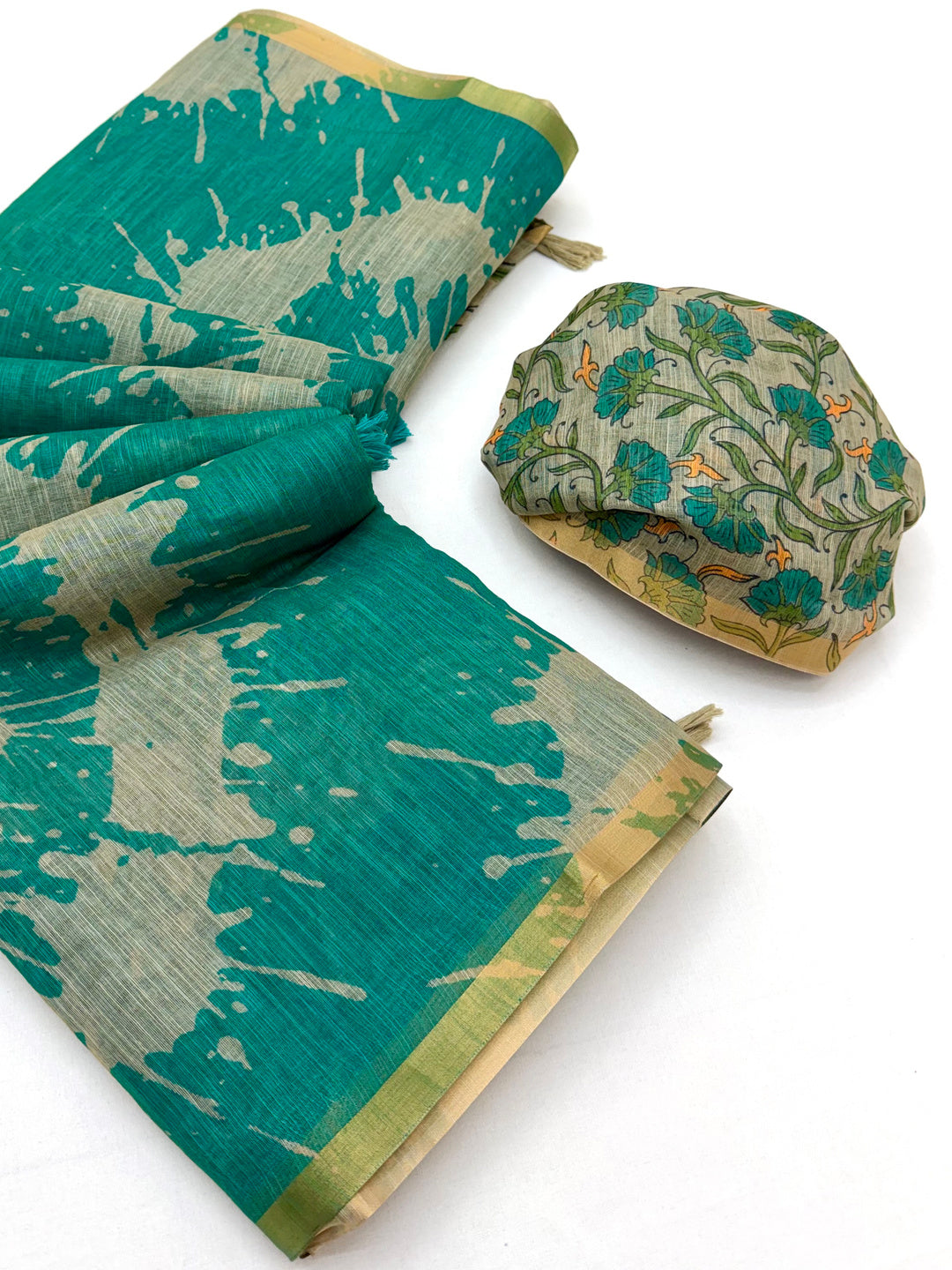 Peachmode Teal Linen Tie-Dye Printed Saree - Image 2