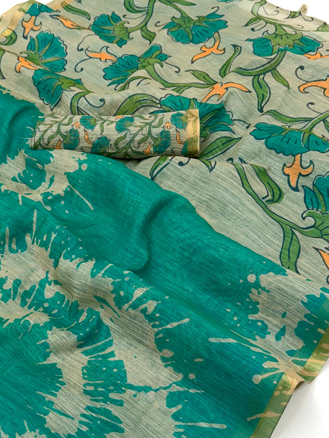 Peachmode Teal Linen Tie-Dye Printed Saree - Image 3