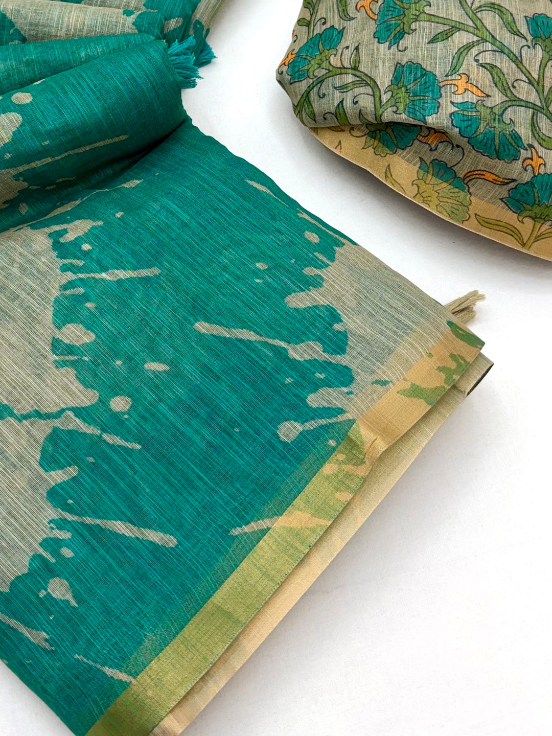 Peachmode Teal Linen Tie-Dye Printed Saree - Image 4