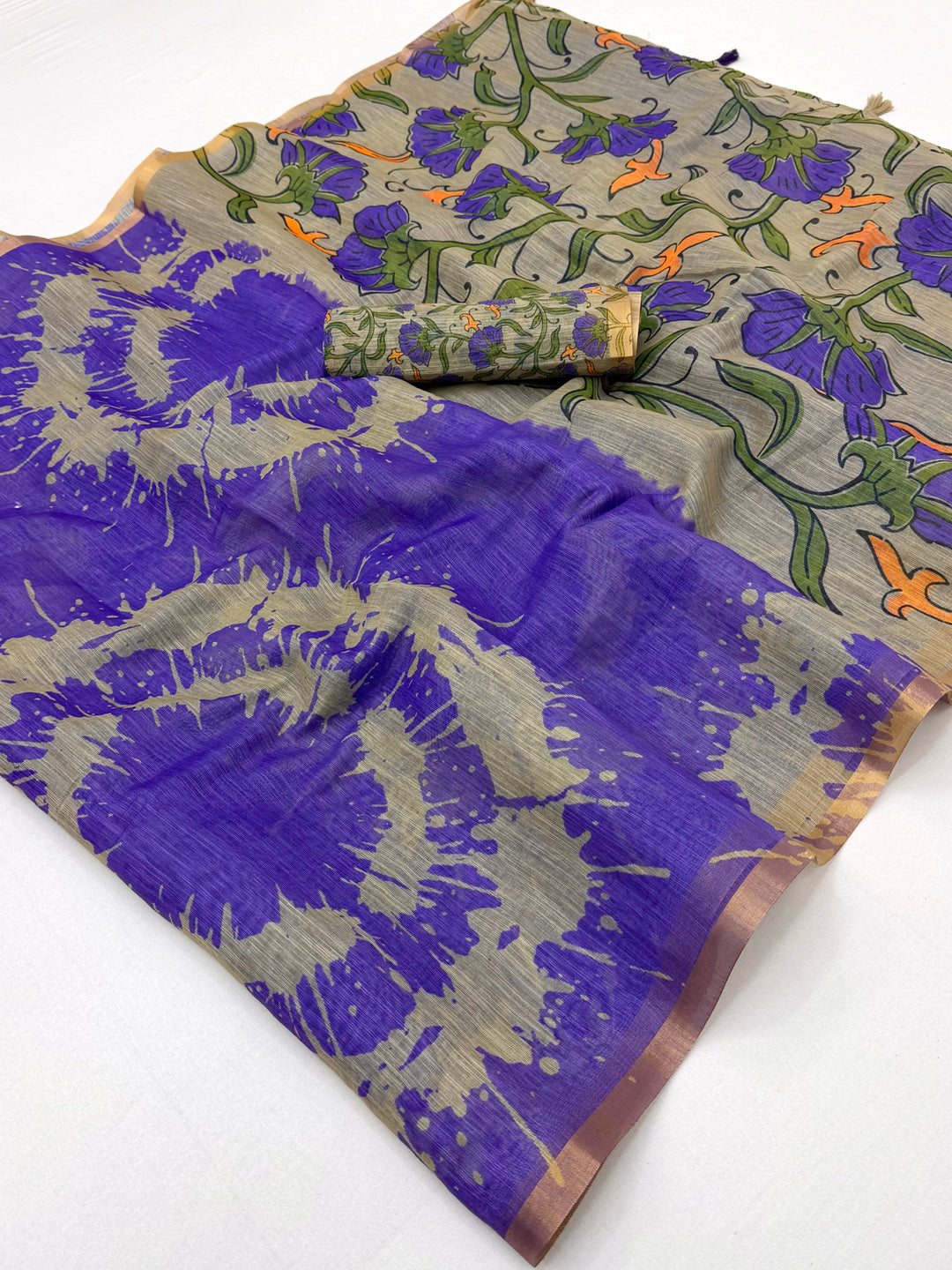 Peachmode Purple Linen Tie-Dye Printed Saree - Image 1