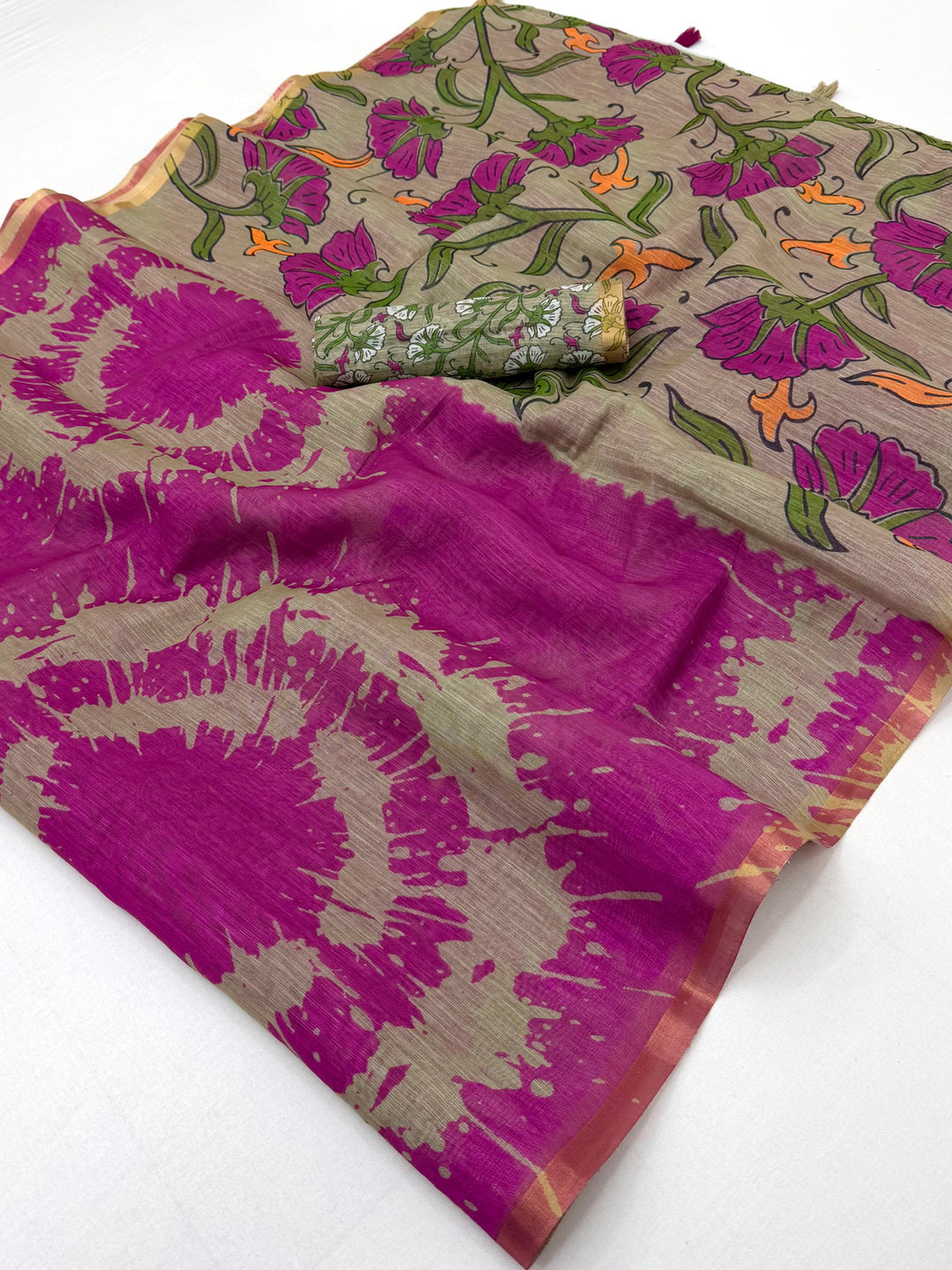 Peachmode Magenta Linen Tie-Dye Printed Saree - Image 1