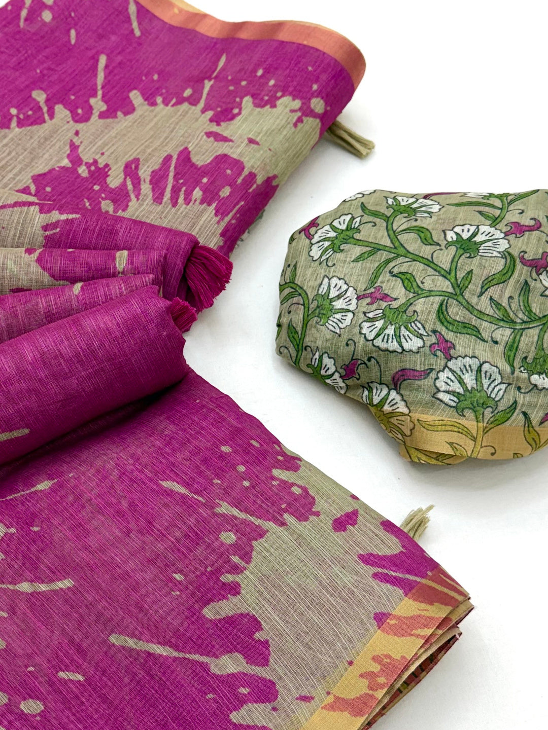 Peachmode Magenta Linen Tie-Dye Printed Saree - Image 6
