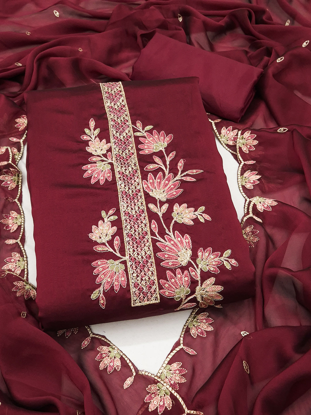 Peachmode Maroon Satin Floral Embroidered Unstitched Dress Material - Image 1