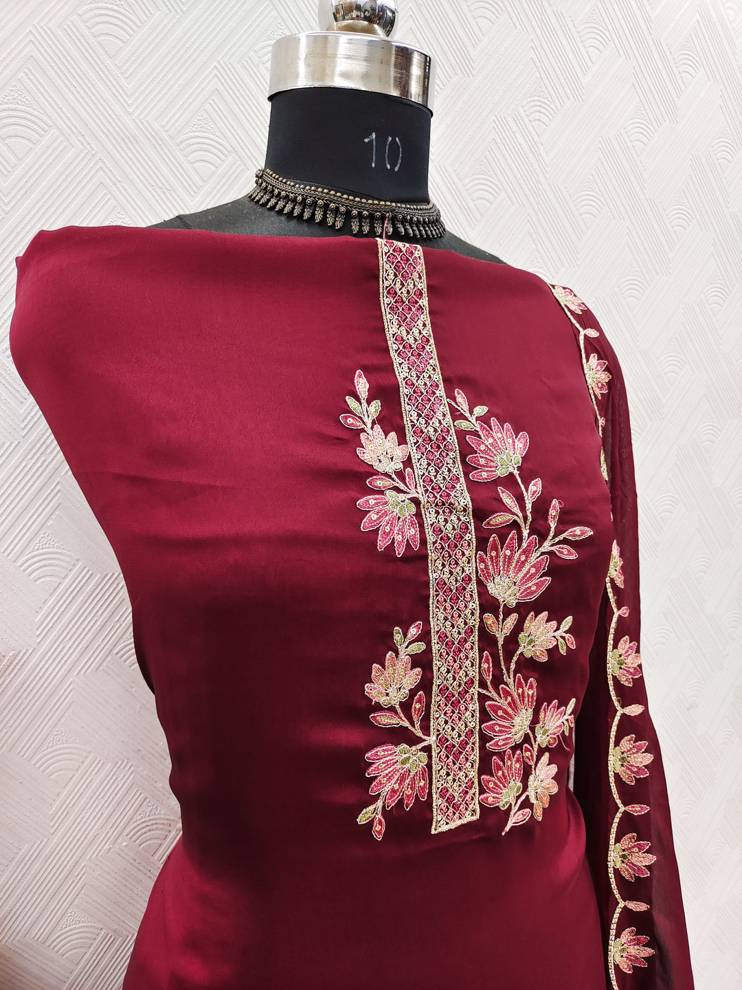 Peachmode Maroon Satin Floral Embroidered Unstitched Dress Material - Image 3