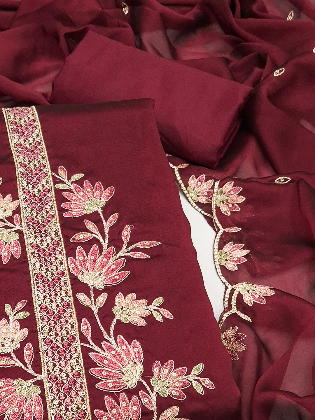 Peachmode Maroon Satin Floral Embroidered Unstitched Dress Material - Image 4