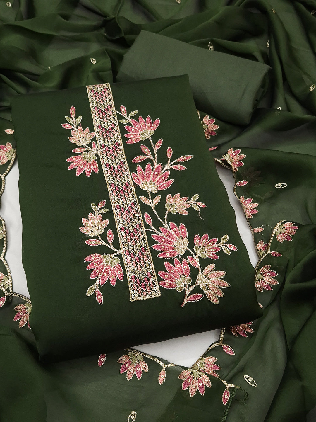 Peachmode Green Satin Floral Embroidered Unstitched Dress Material - Image 1