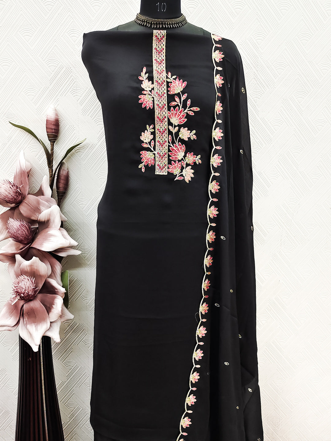 Peachmode Black Satin Floral Embroidered Unstitched Dress Material - Image 6