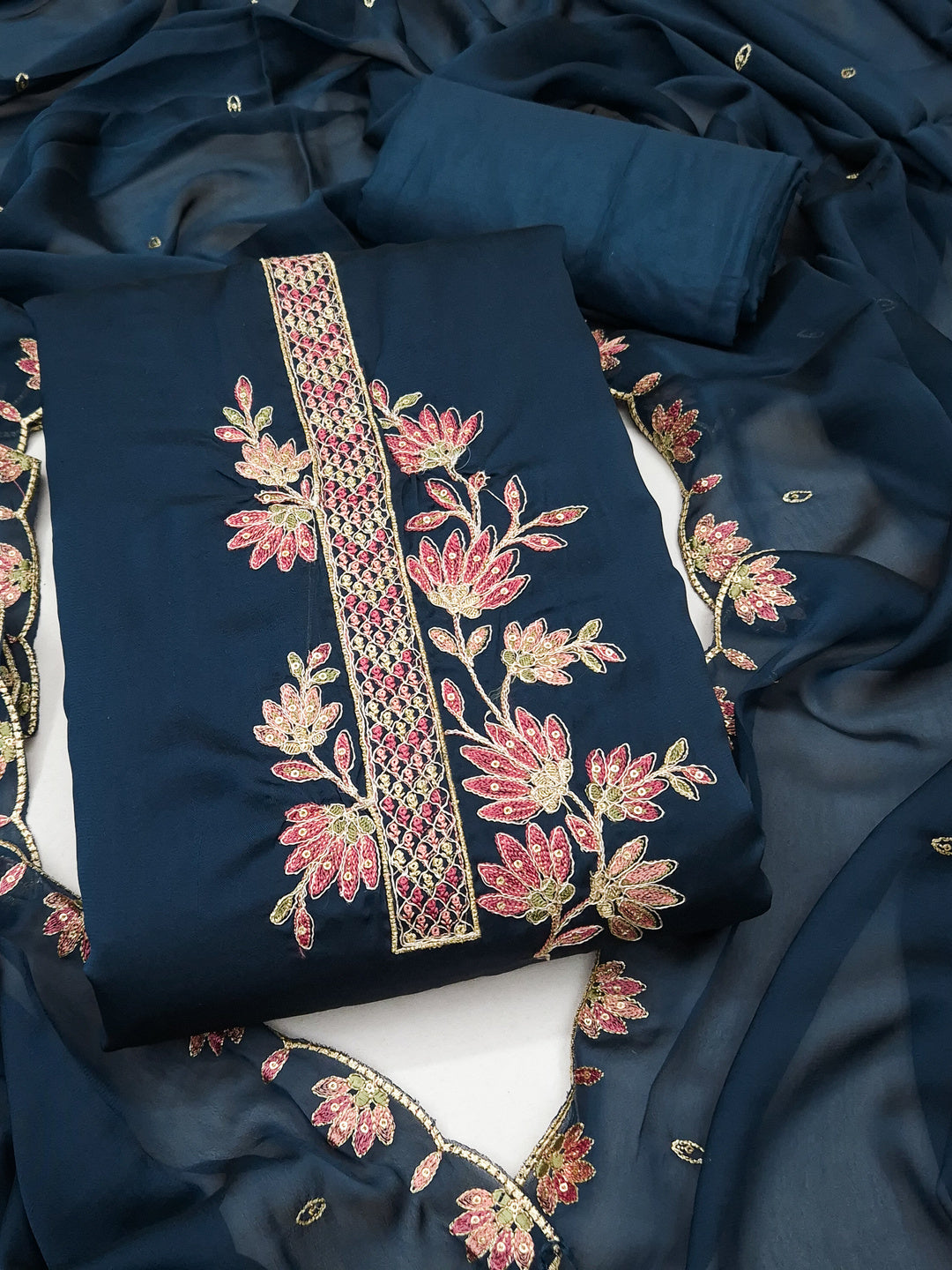 Peachmode Blue Satin Floral Embroidered Unstitched Dress Material - Image 1