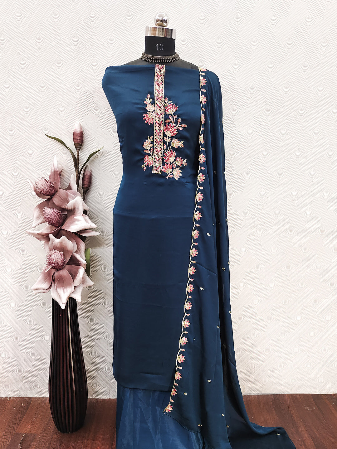 Peachmode Blue Satin Floral Embroidered Unstitched Dress Material - Image 2