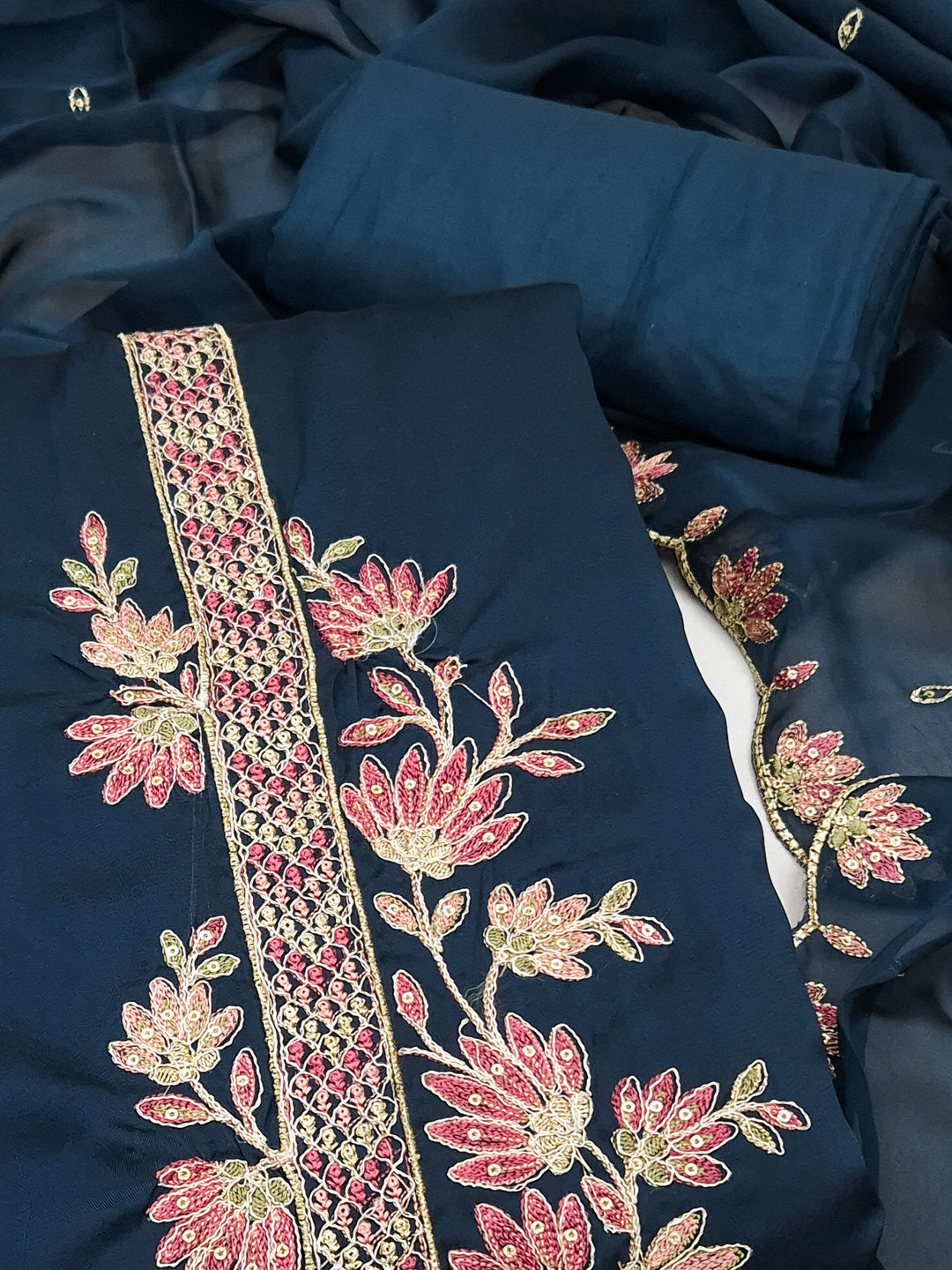 Peachmode Blue Satin Floral Embroidered Unstitched Dress Material - Image 4