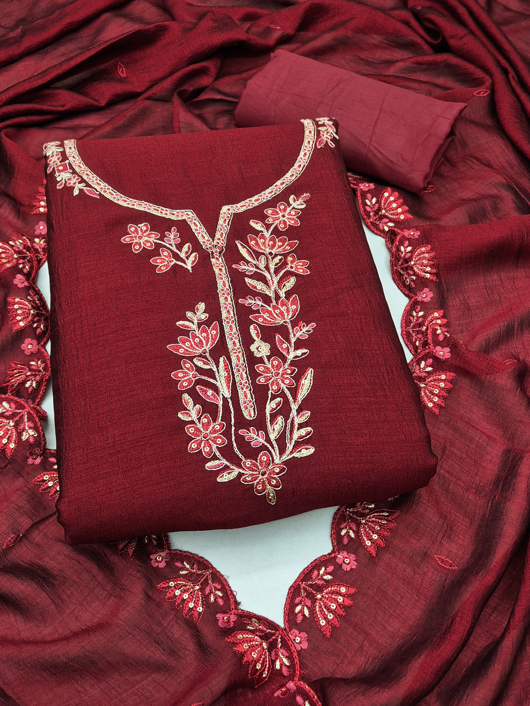 Peachmode Red Vichitra Silk Floral Embroidered Unstitched Dress Material - Image 1