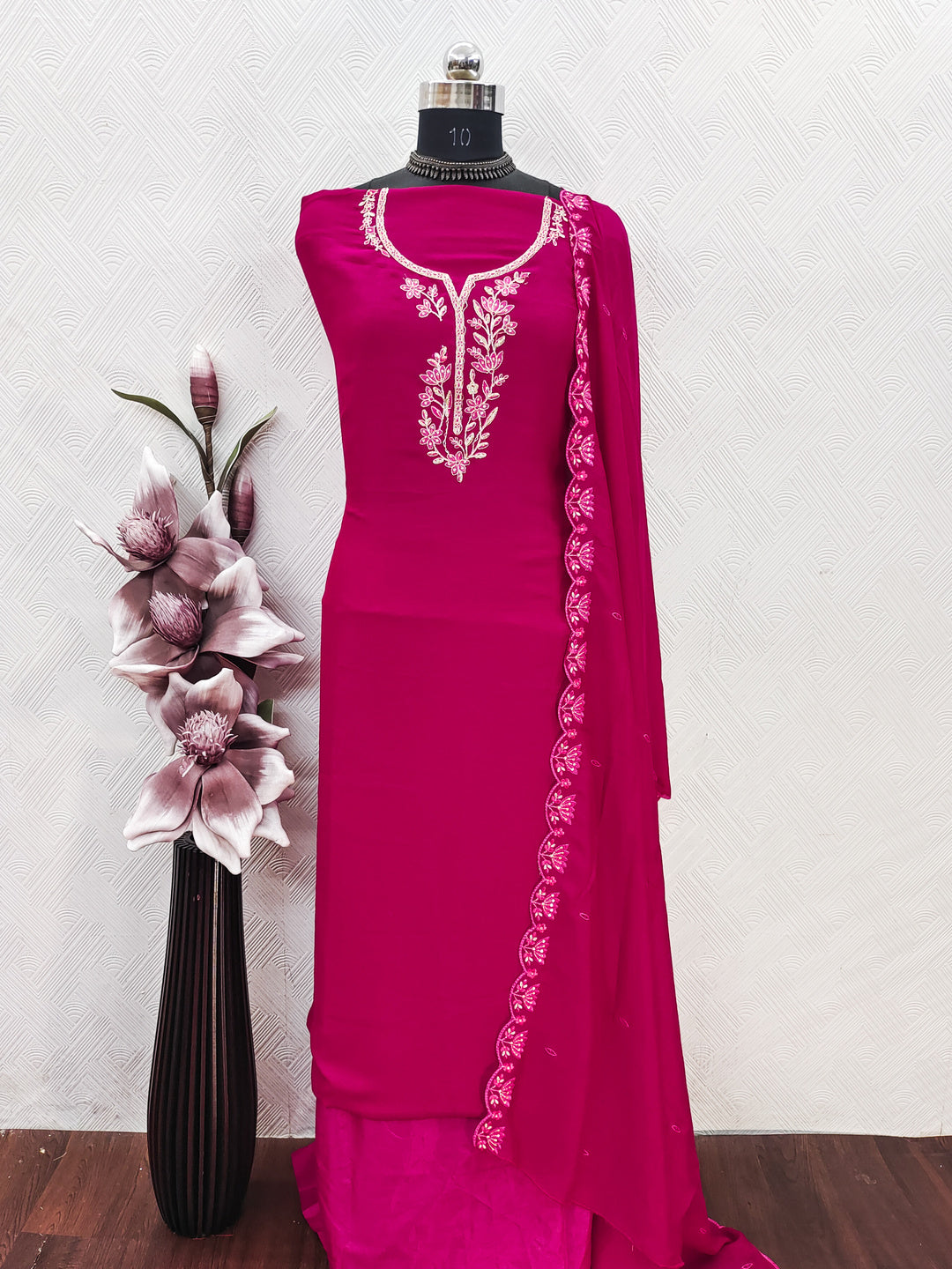 Peachmode Rani Vichitra Silk Floral Embroidered Unstitched Dress Material - Image 2