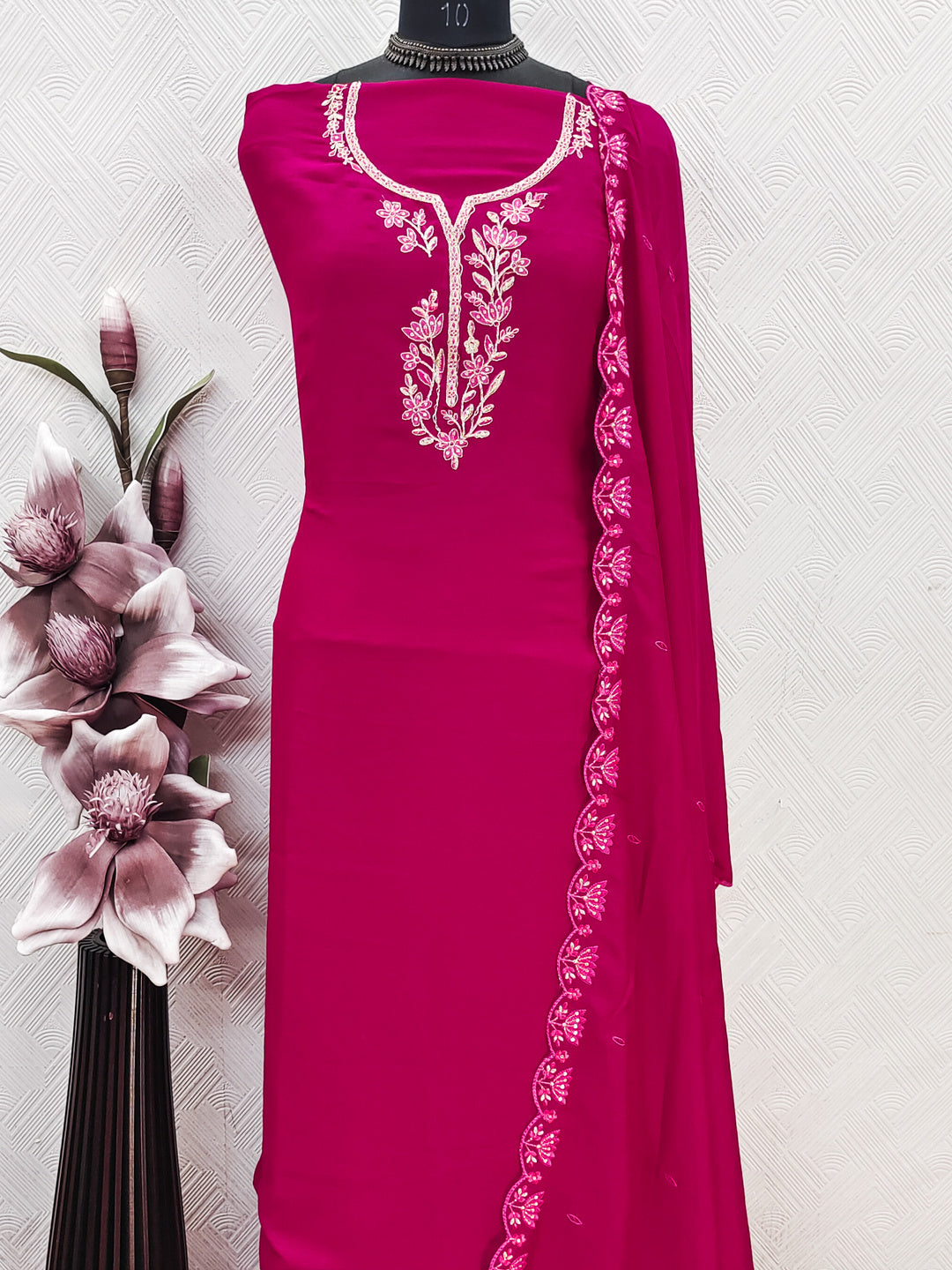 Peachmode Rani Vichitra Silk Floral Embroidered Unstitched Dress Material - Image 6