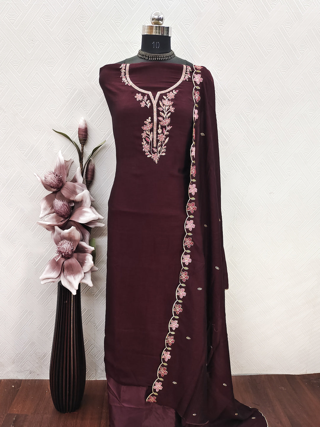Peachmode Coffee Vichitra Silk Floral Embroidered Unstitched Dress Material - Image 2