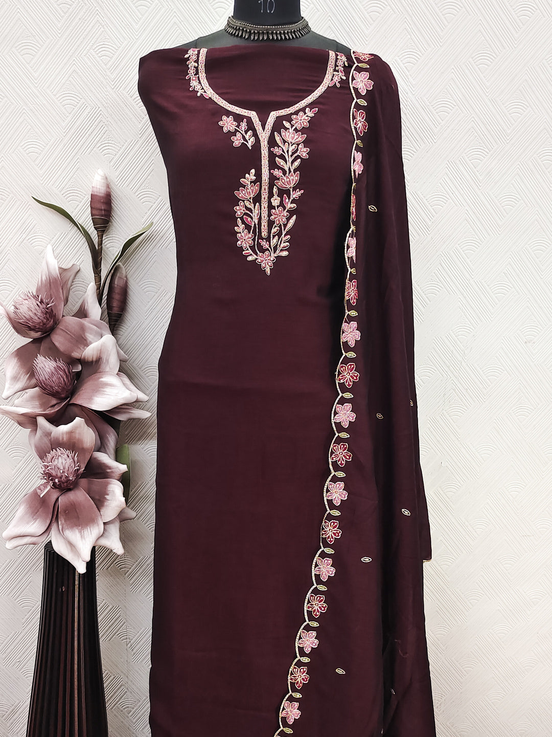 Peachmode Coffee Vichitra Silk Floral Embroidered Unstitched Dress Material - Image 6
